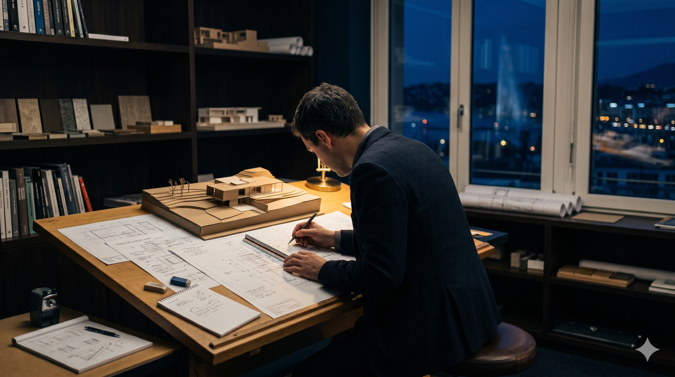 Illustration sobre d'une analyse de présence digitale pour un bureau d'architectes en Suisse romande — style premium, noir et bleu nuit