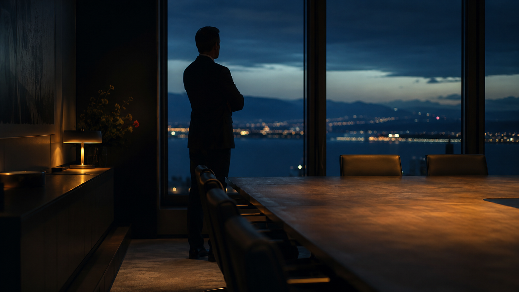 Illustration sobre d'un profil de dirigeant analysé pour un CEO en Suisse romande — style premium, bleu nuit